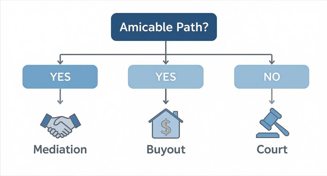 An infographic decision tree showing the amicable paths of mediation and buyout versus the non-amicable path of going to court.