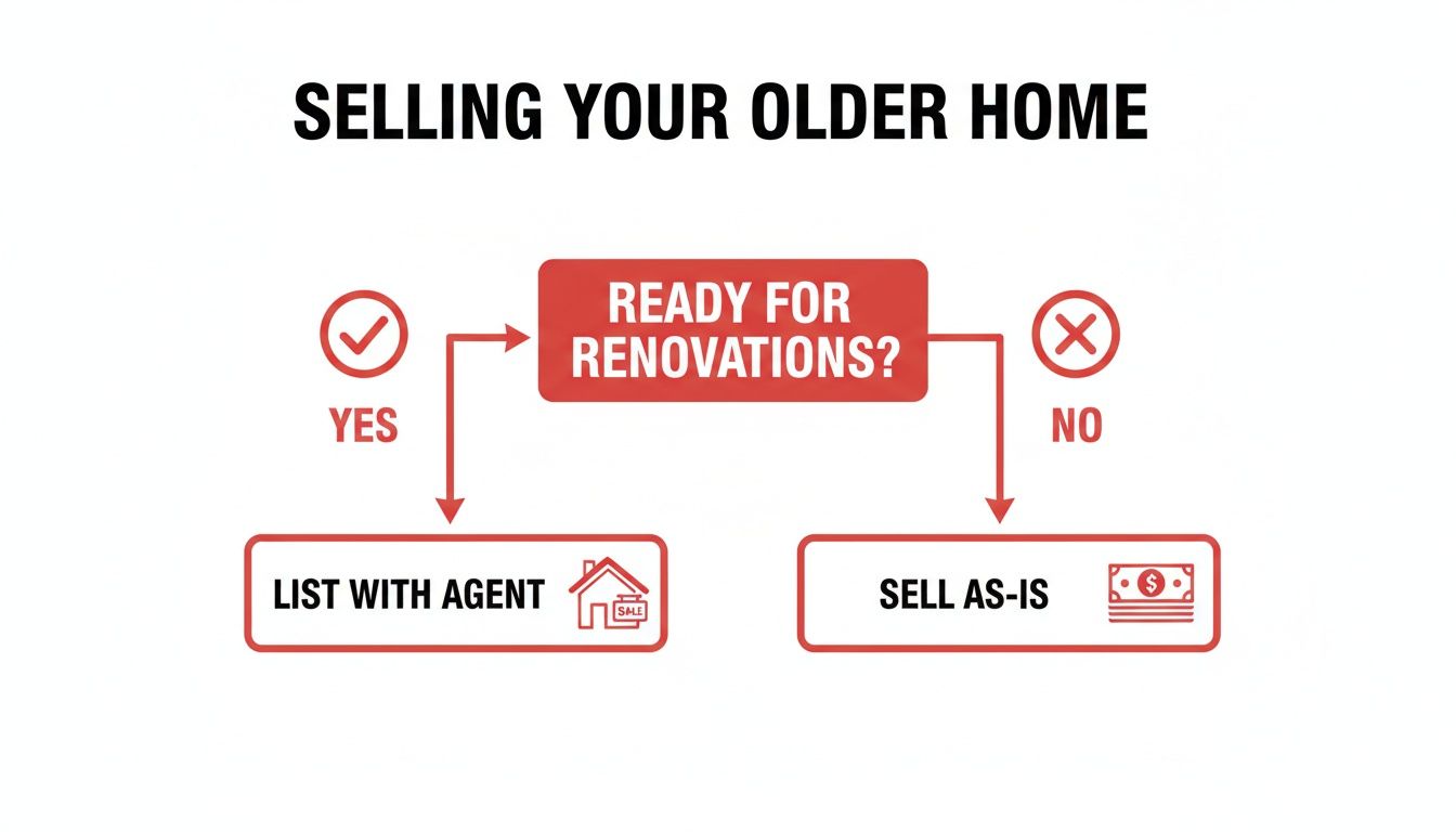 A flowchart guides decisions for selling an older home: renovate and list with agent, or sell as-is.