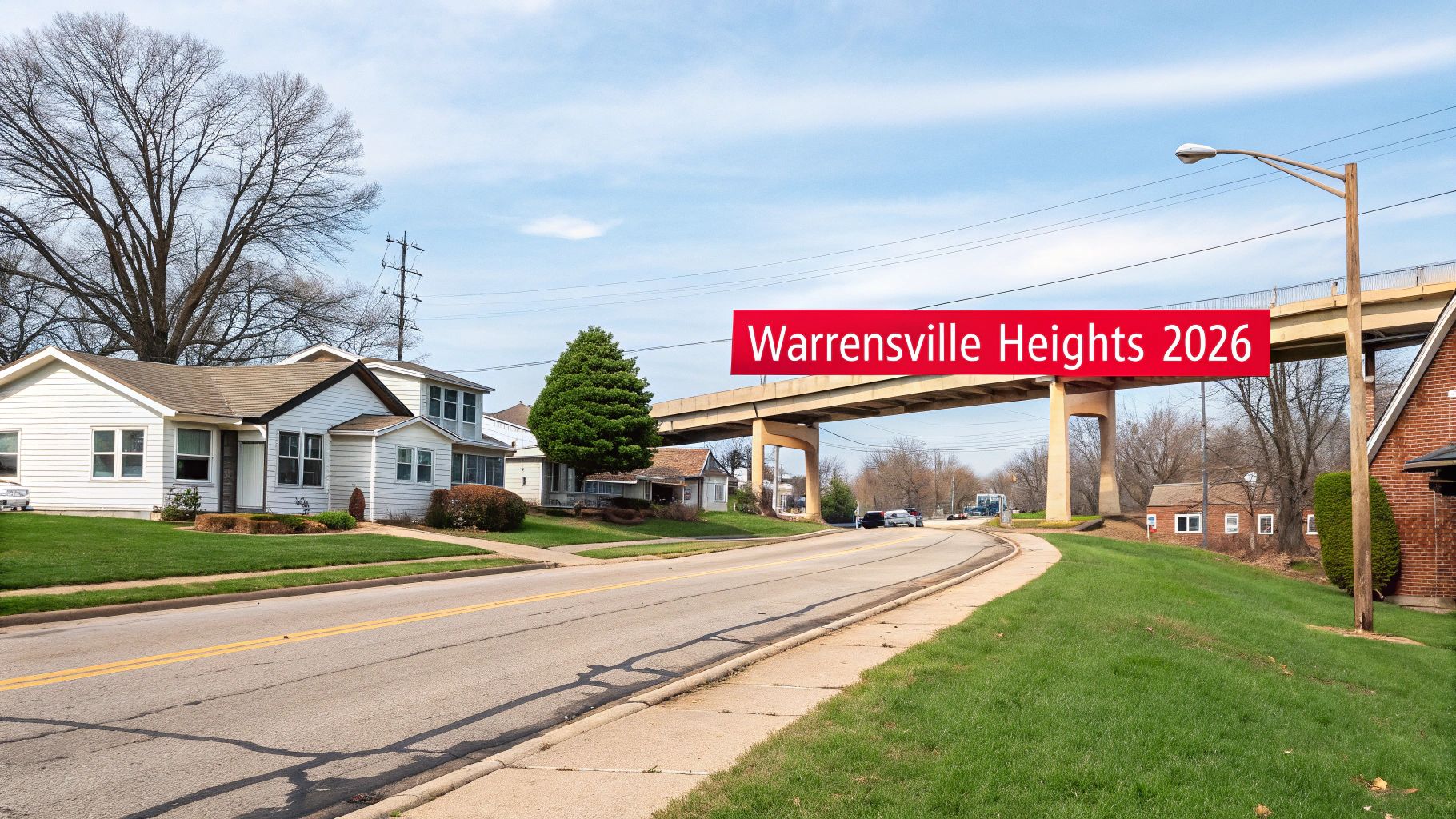 A street view of Warrensville Heights with houses, a road, and an overpass under a blue sky.