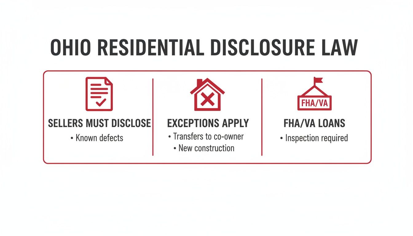 Infographic outlining Ohio Residential Disclosure Law, detailing seller disclosure requirements, exceptions, and FHA/VA loan inspections.