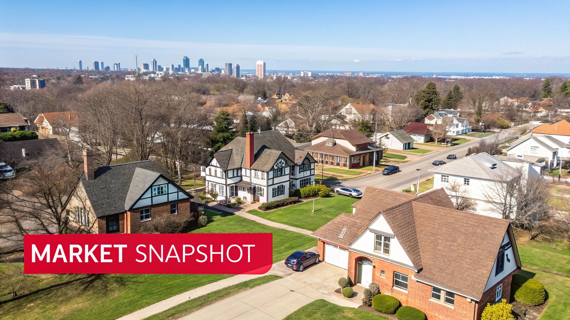 Aerial view of a suburban neighborhood with houses, trees, and a distant city skyline under a clear sky.