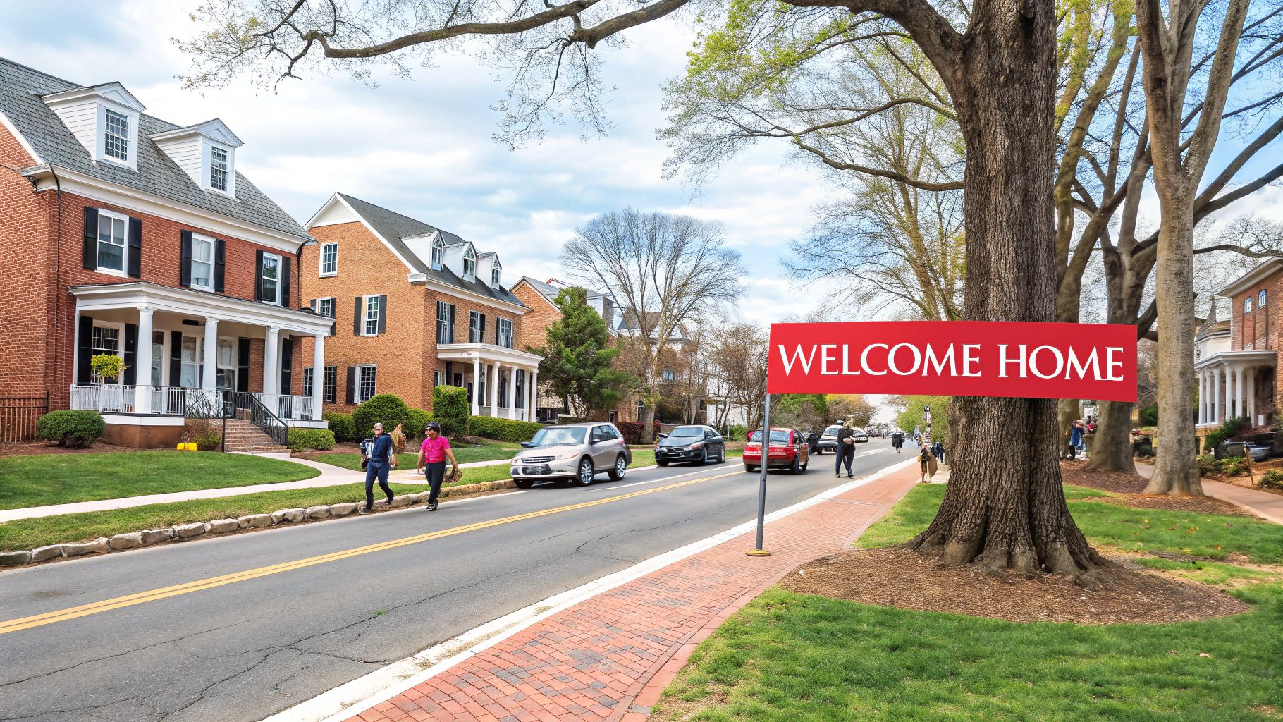 A vibrant residential street scene featuring brick houses, lush trees, people walking, and a 'WELCOME HOME' banner.