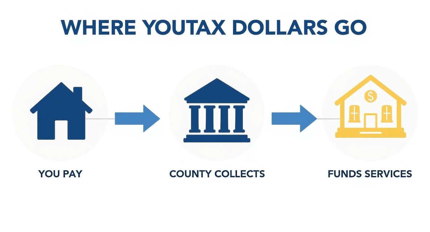 Infographic showing property tax flow from homeowner payment through county collection to funding public services
