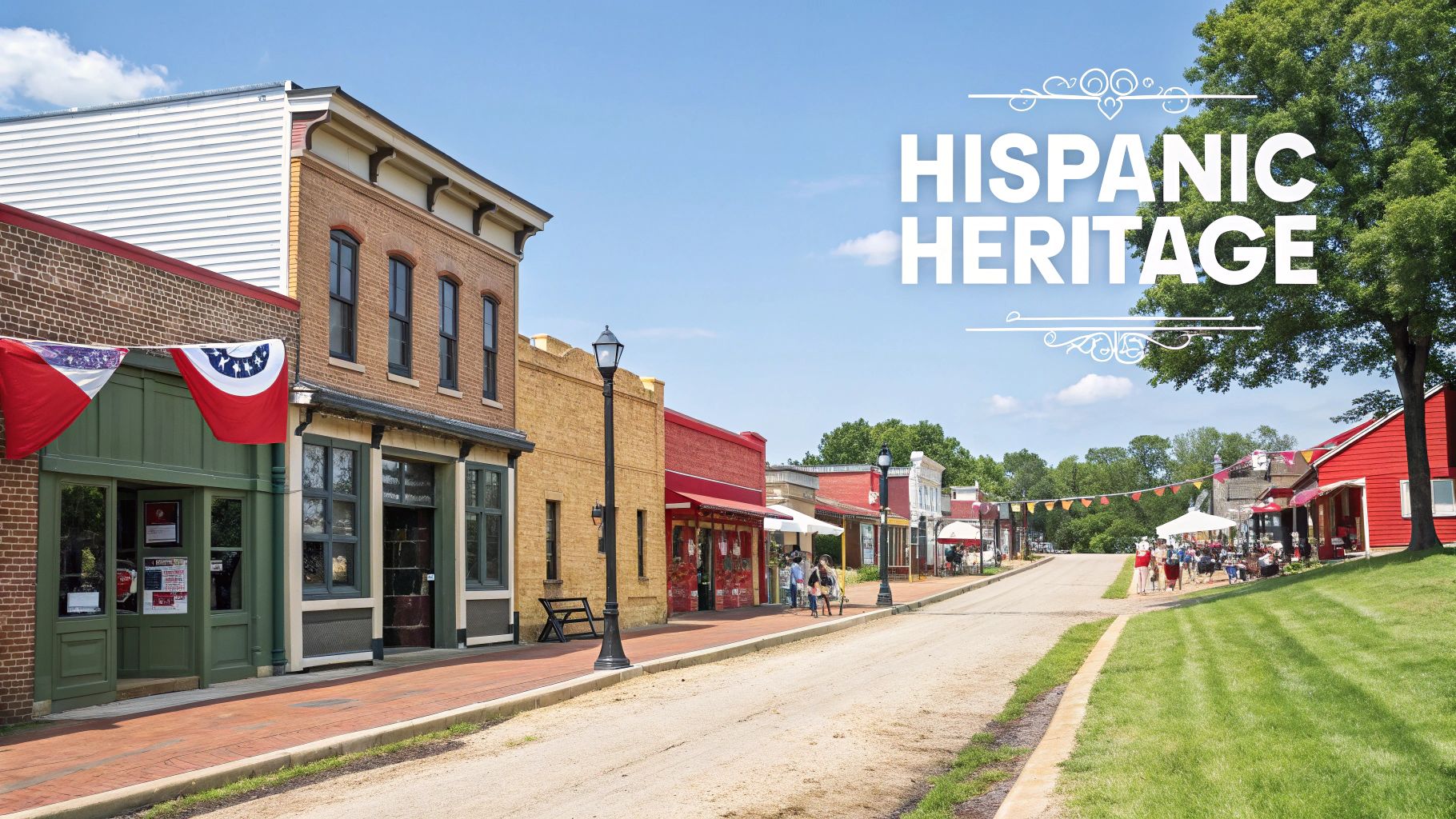 A vibrant street scene with historic buildings, people, and festive decorations celebrating Hispanic Heritage.
