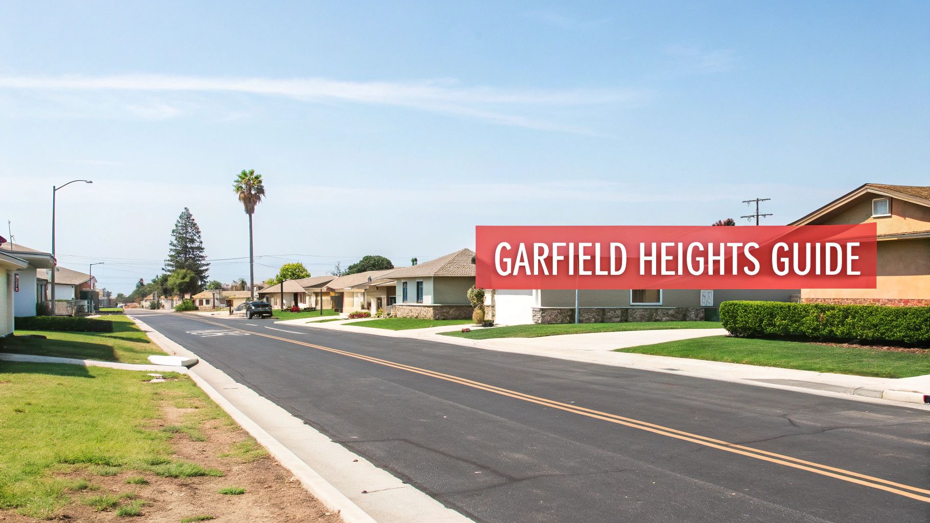 A quiet suburban street with houses, green lawns, and trees under a clear sky, featuring a "Garfield Heights Guide" banner.