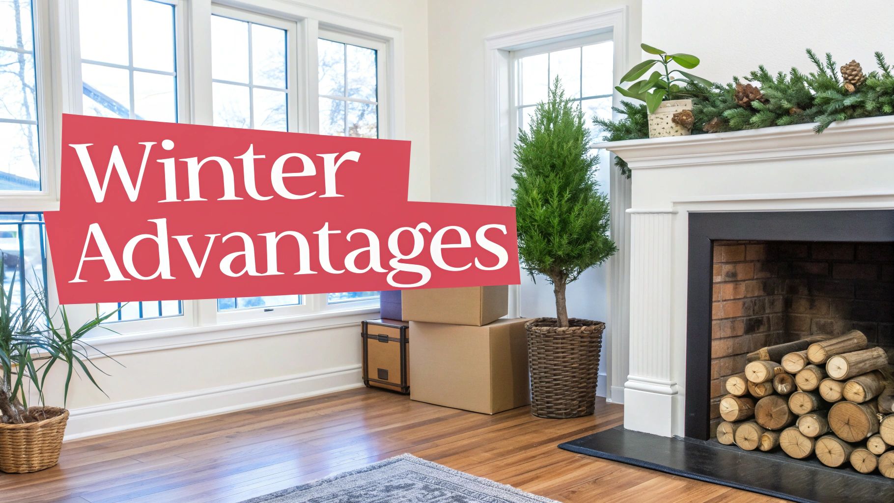A cozy room with a decorated fireplace, houseplants, moving boxes, and a banner saying 'Winter Advantages'.