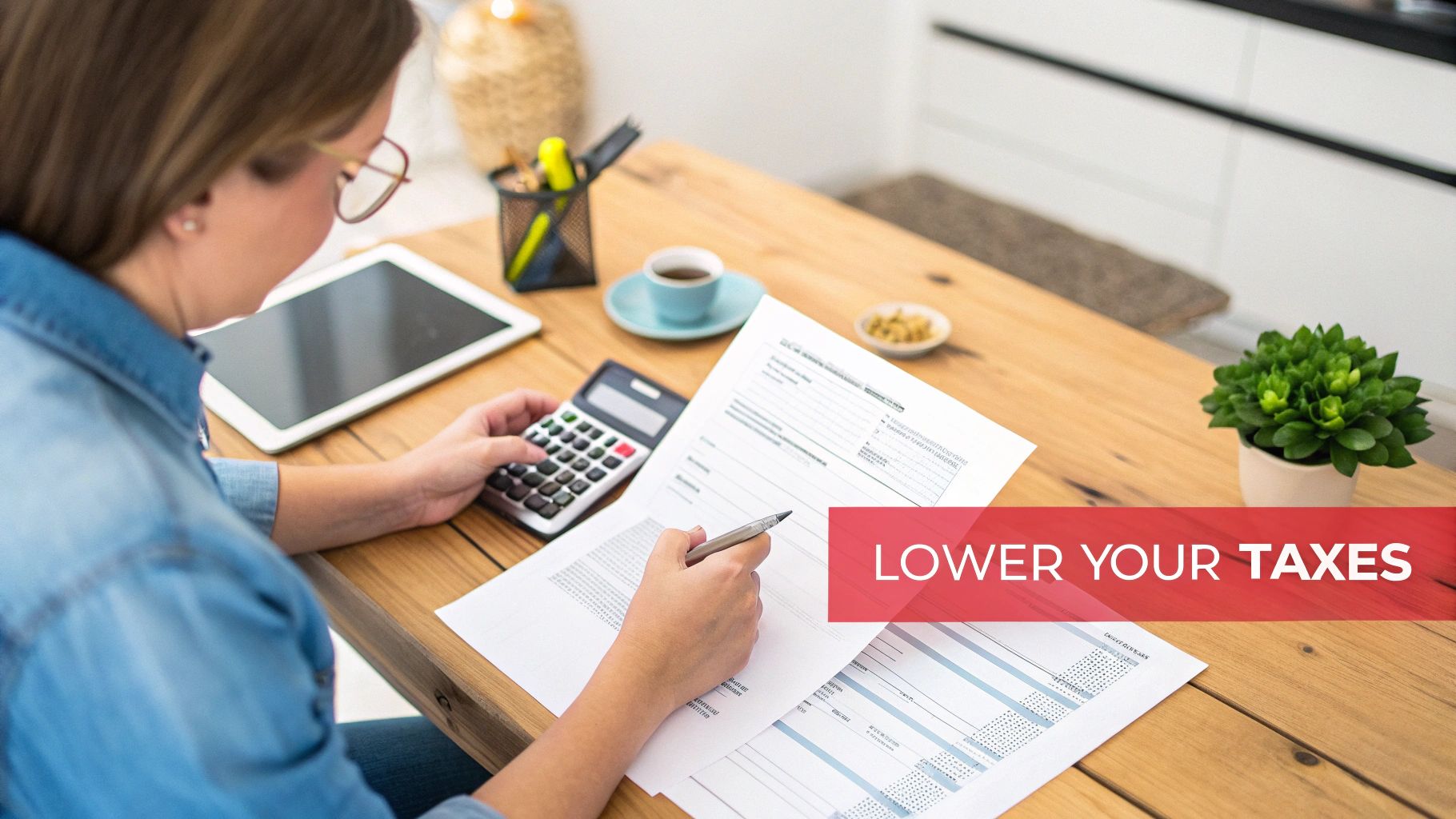Woman preparing tax documents with a calculator and pen at a wooden table, aiming to lower taxes.