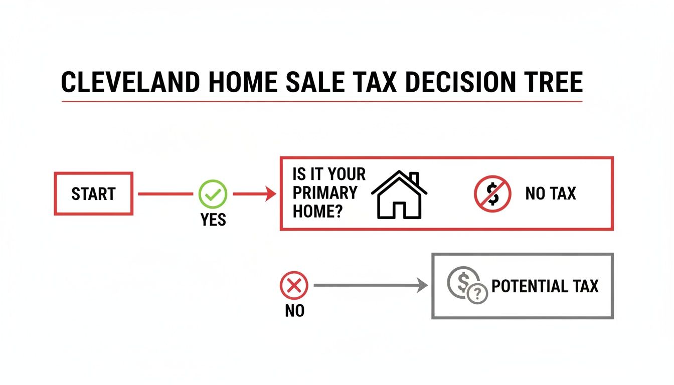 Flowchart showing Cleveland home sale tax decision tree: primary home results in no tax, while non-primary home means potential tax.
