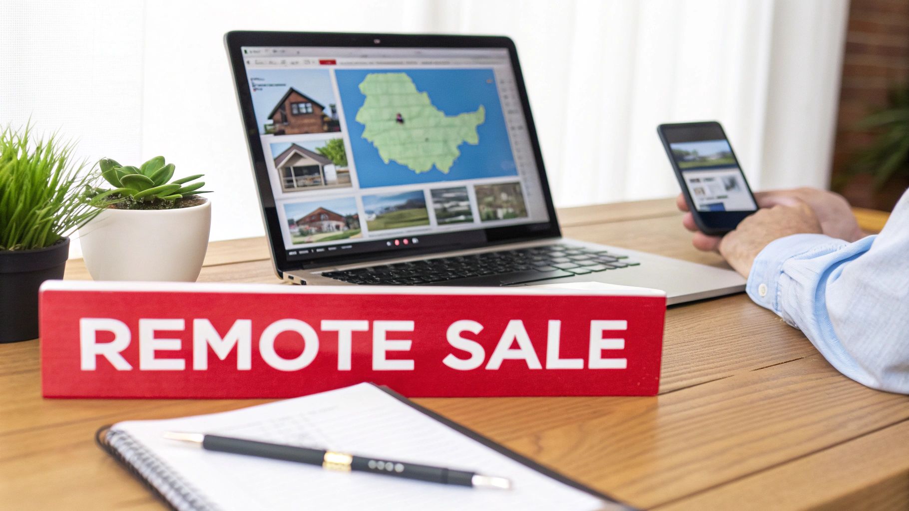 A person viewing real estate listings on a laptop and phone, with a 'REMOTE SALE' sign.