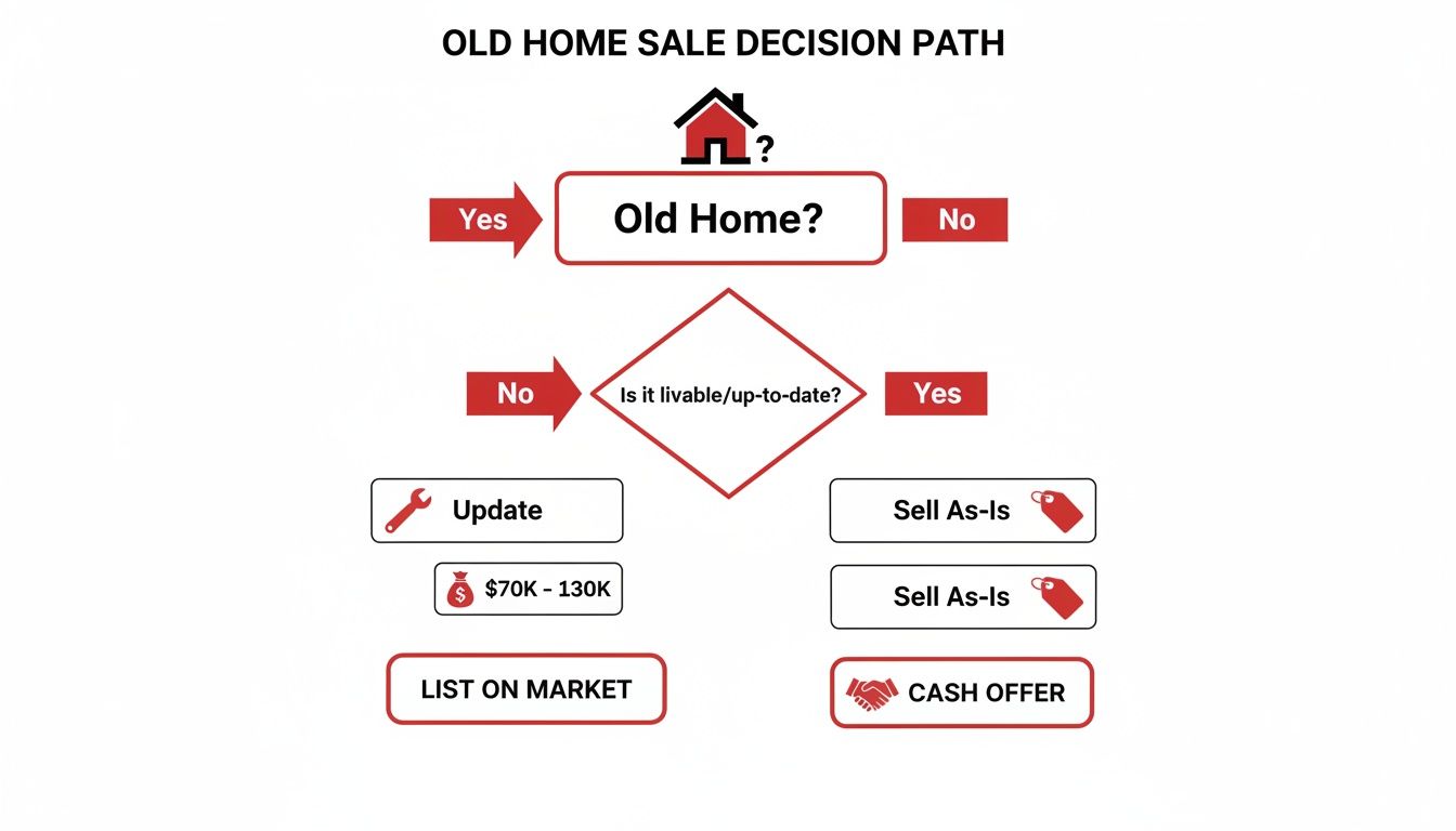 A flowchart showing the decision path for selling an old home, detailing options like updating or selling as-is.
