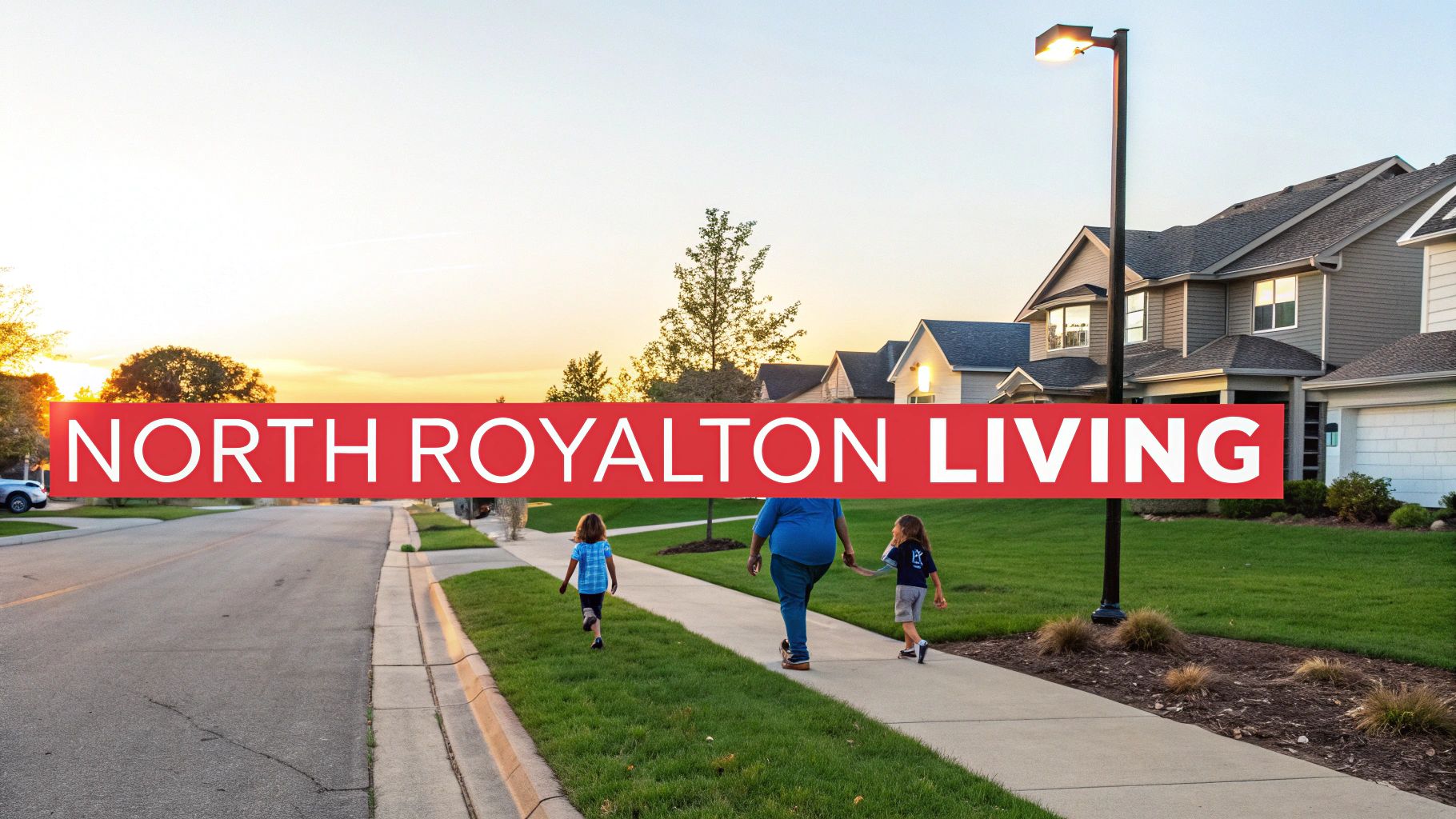 A family walks on a sidewalk in a North Royalton residential neighborhood at sunset.