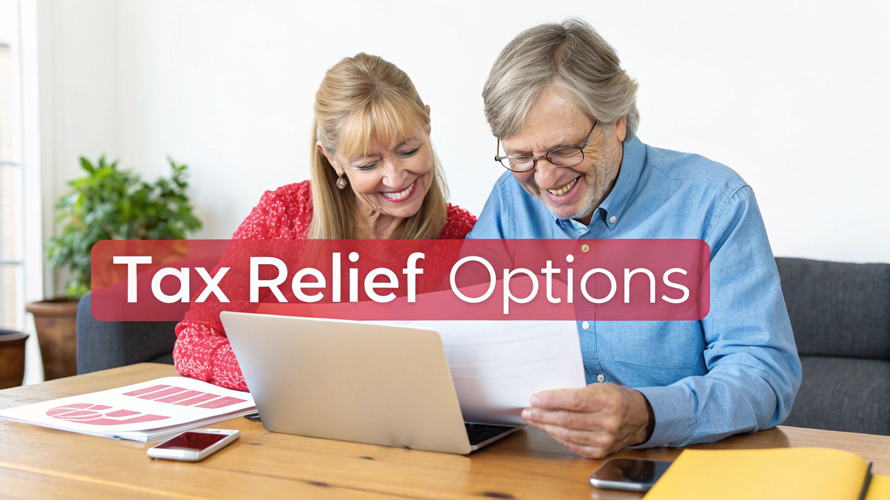 Two smiling older adults review tax documents and a laptop, with 'Tax Relief Options' overlay.