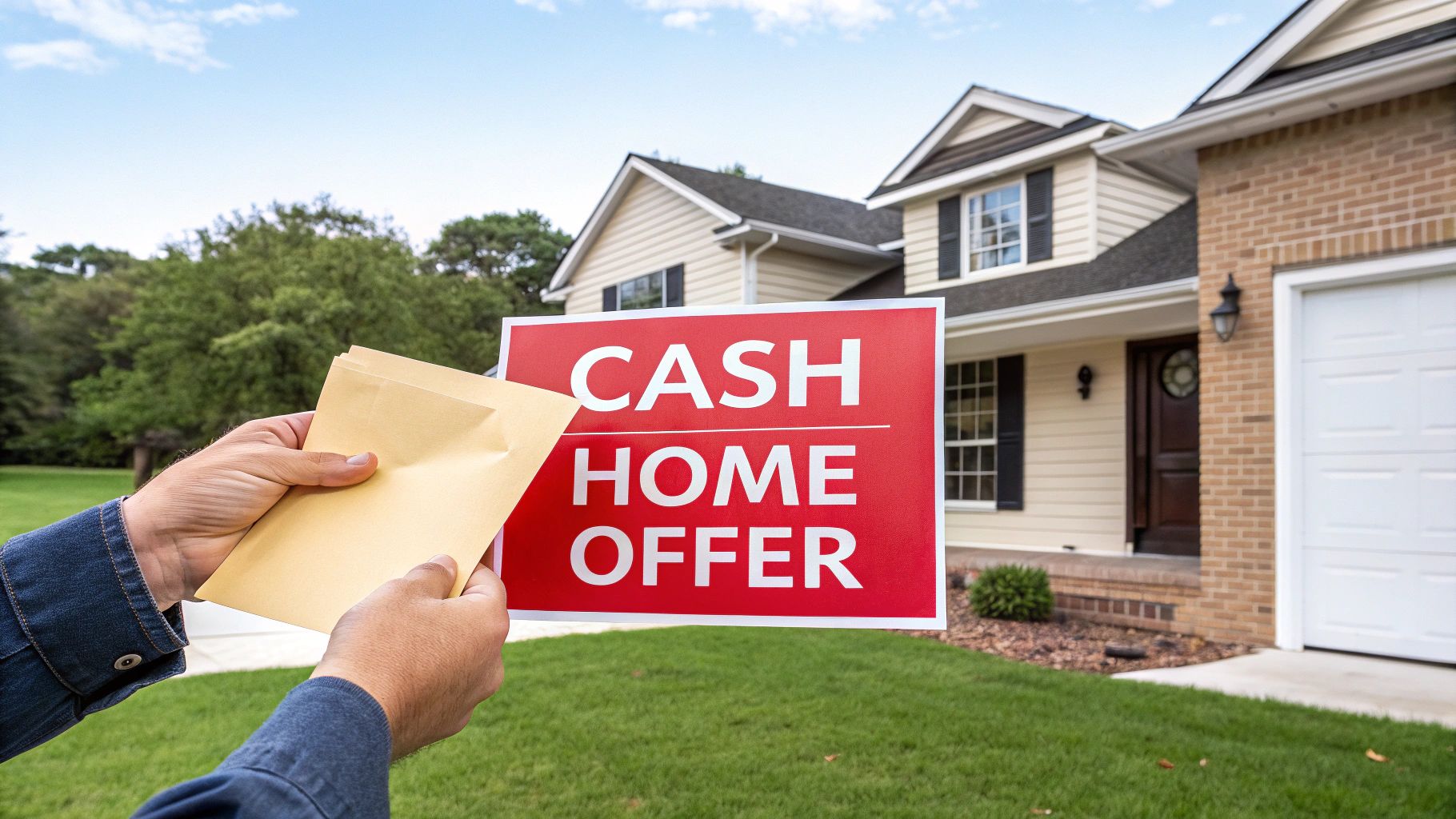 A friendly home buyer shaking hands with a relieved homeowner, with a 'Sold' sign.