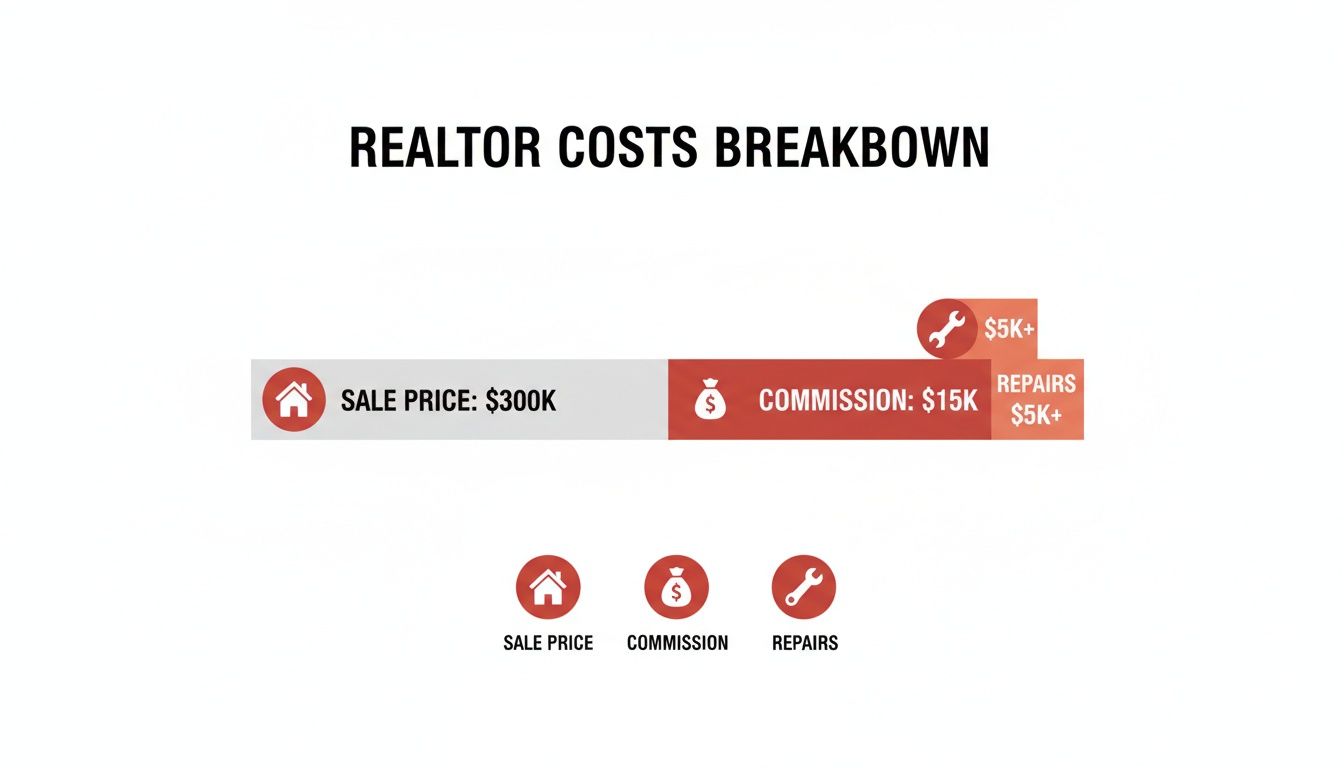 Infographic illustrating a realtor costs breakdown for a $300K sale, showing $15K commission and $5K+ for repairs.