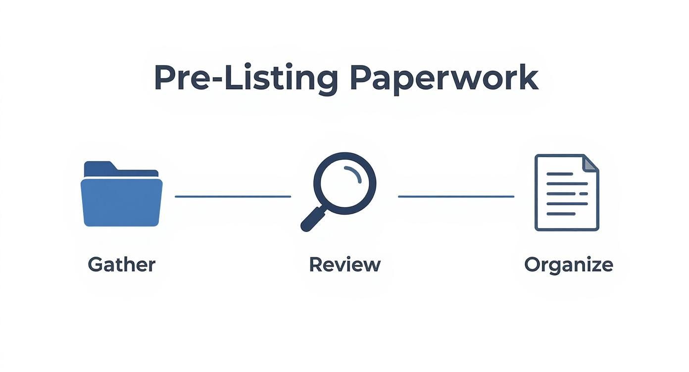 A diagram outlining the Pre-Listing Paperwork process: Gather, Review, and Organize documents.