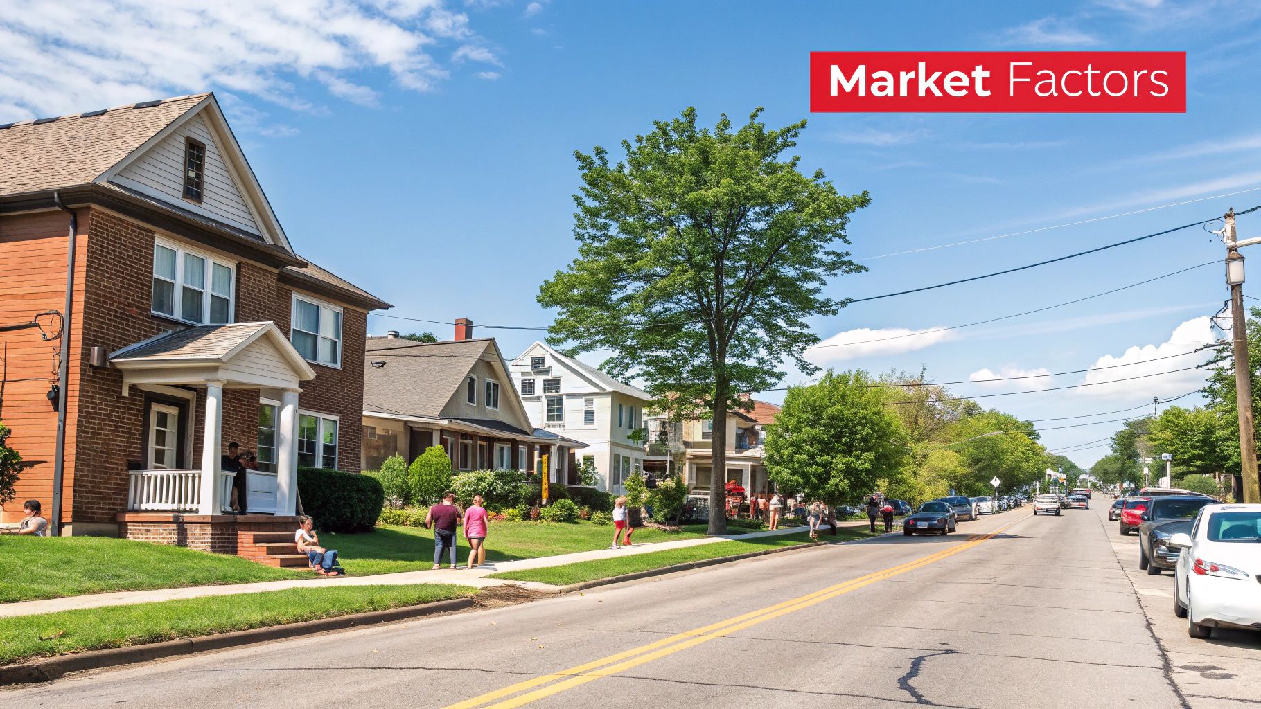 Aerial view of a suburban neighborhood in Cleveland with fall colors.