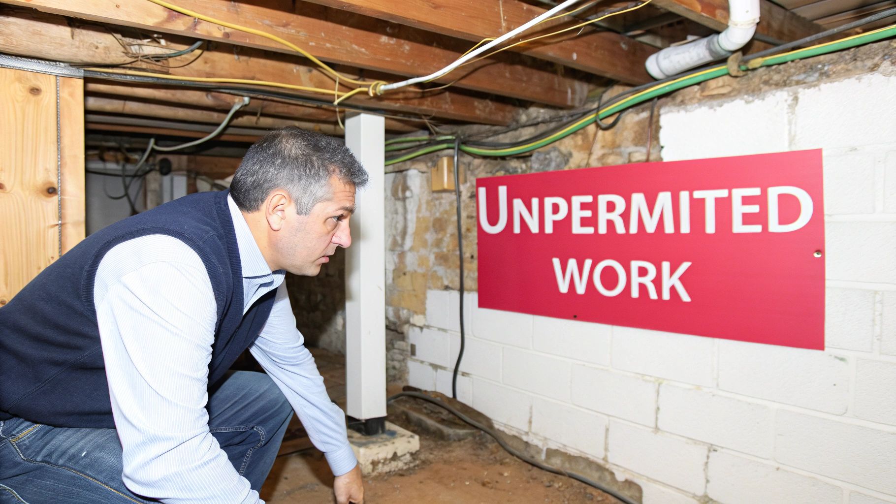 A man inspects a basement with exposed beams and a red 'Unpermitted Work' sign on the wall.
