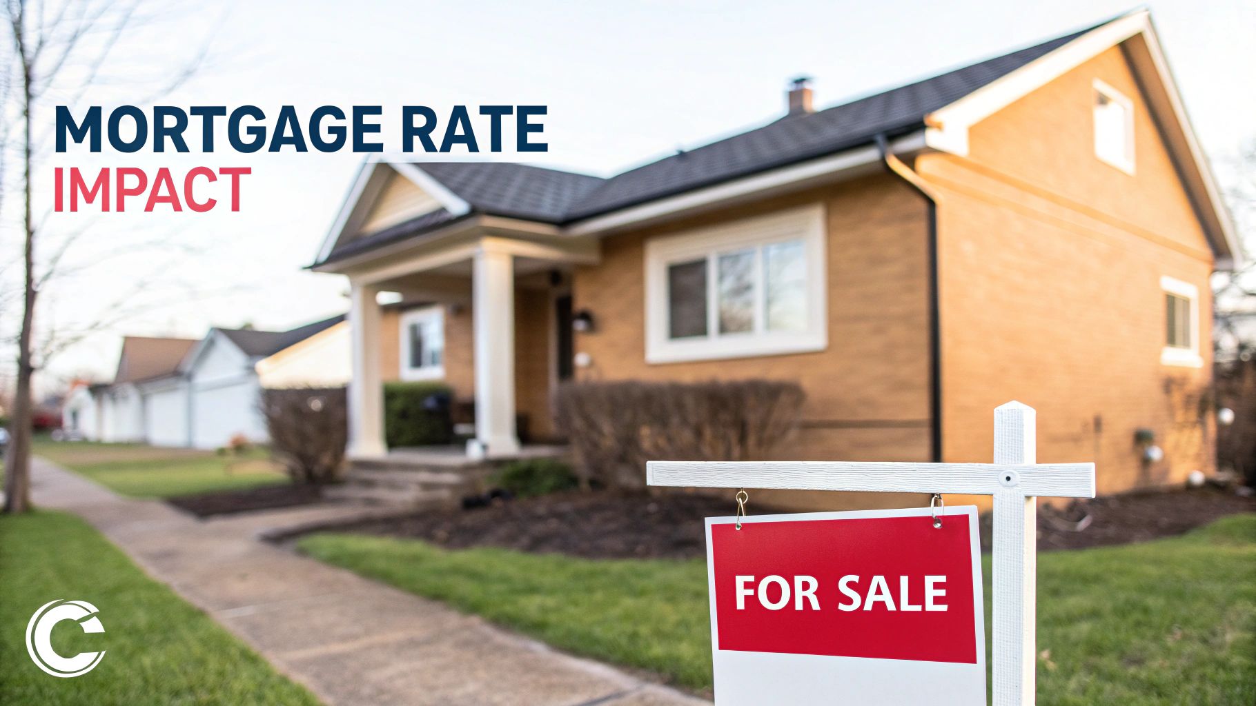 A house with a 'FOR SALE' sign and text 'MORTGAGE RATE IMPACT', illustrating real estate.