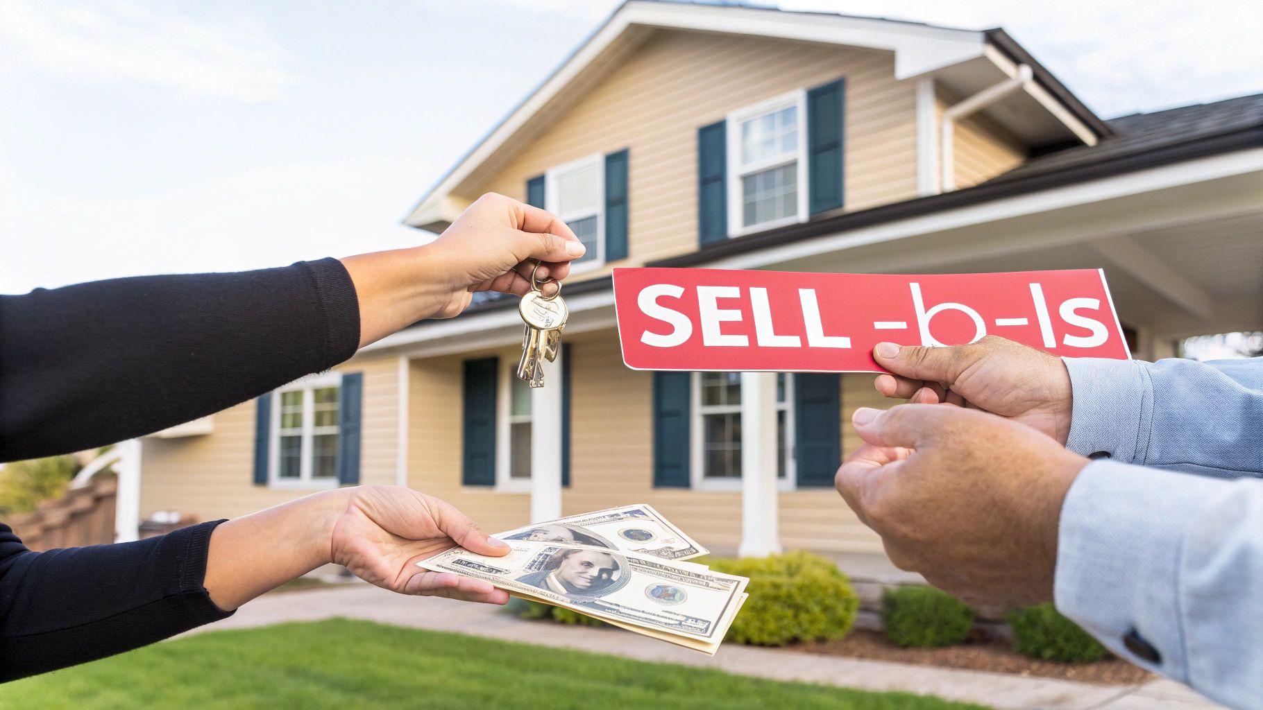 A smiling couple receiving cash for their home sale, representing a fast, as-is sale.