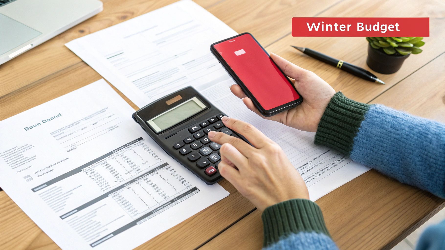 A person uses a calculator and smartphone to plan a winter budget, surrounded by financial documents.