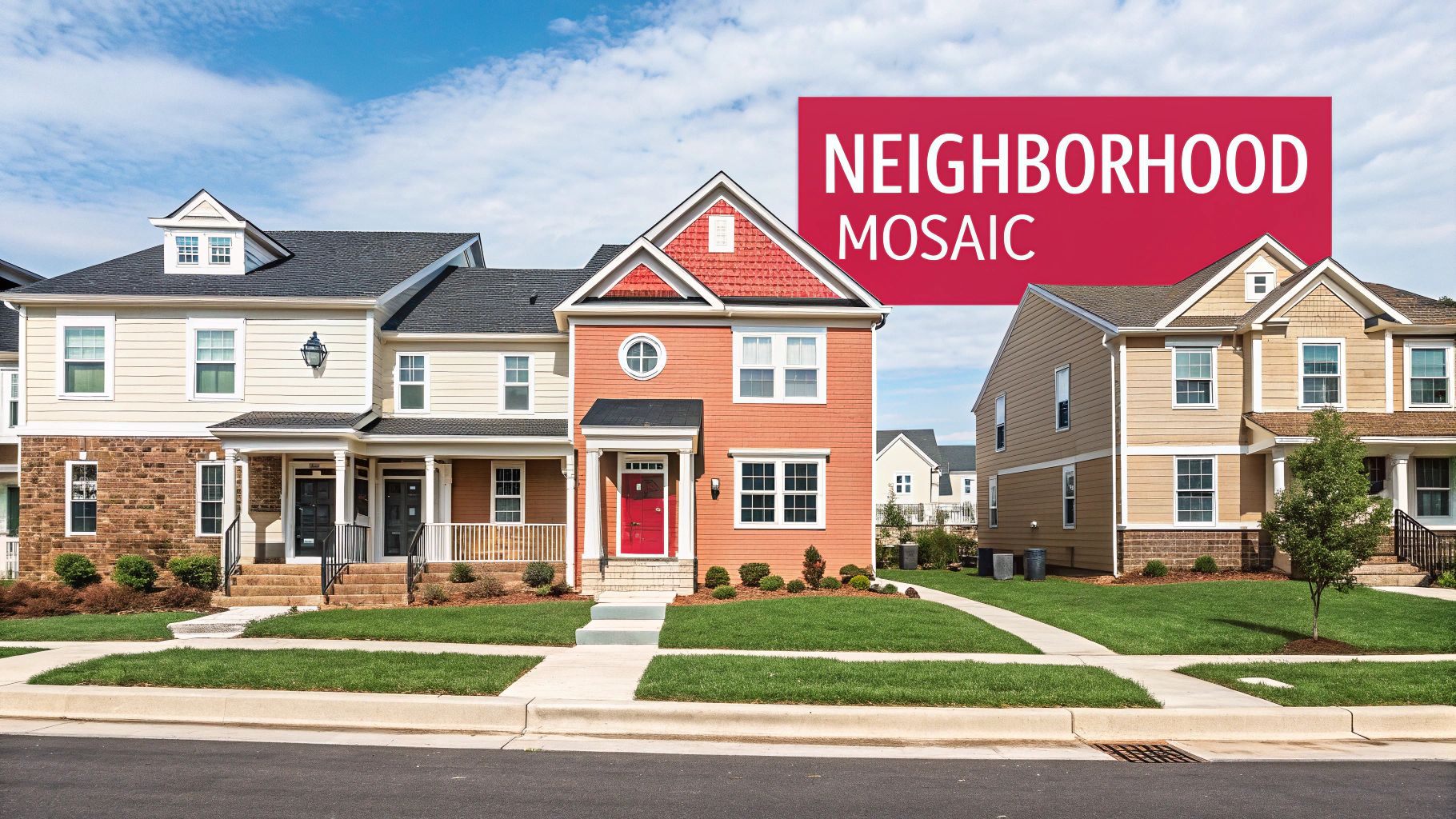 A colorful mosaic of modern houses with green lawns along a sunny suburban street.