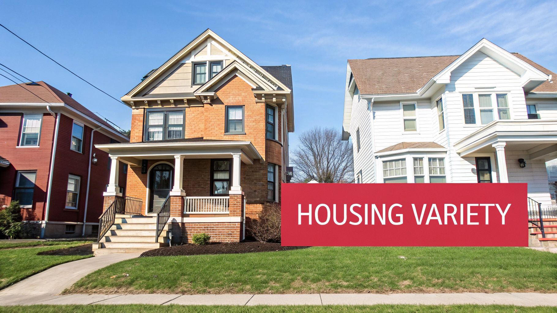 A row of diverse houses with front yards under a blue sky, showcasing housing variety.