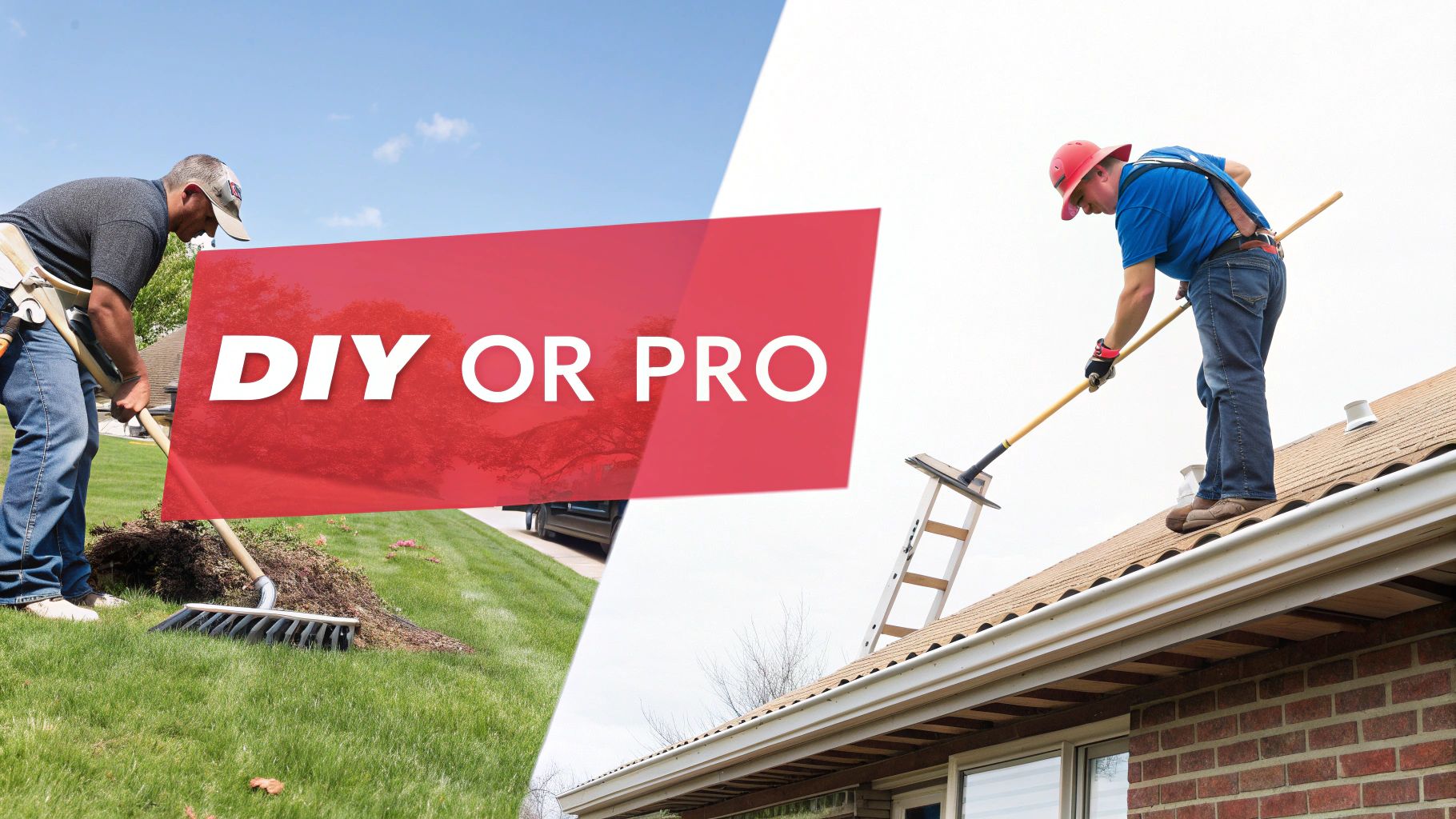 A professional roofer in safety gear inspects a residential roof.