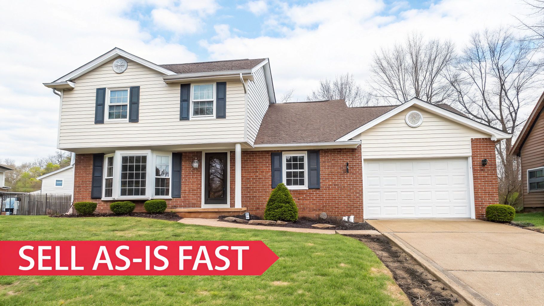 A set of keys and a small model house sitting on a stack of cash, symbolizing a quick cash home sale.