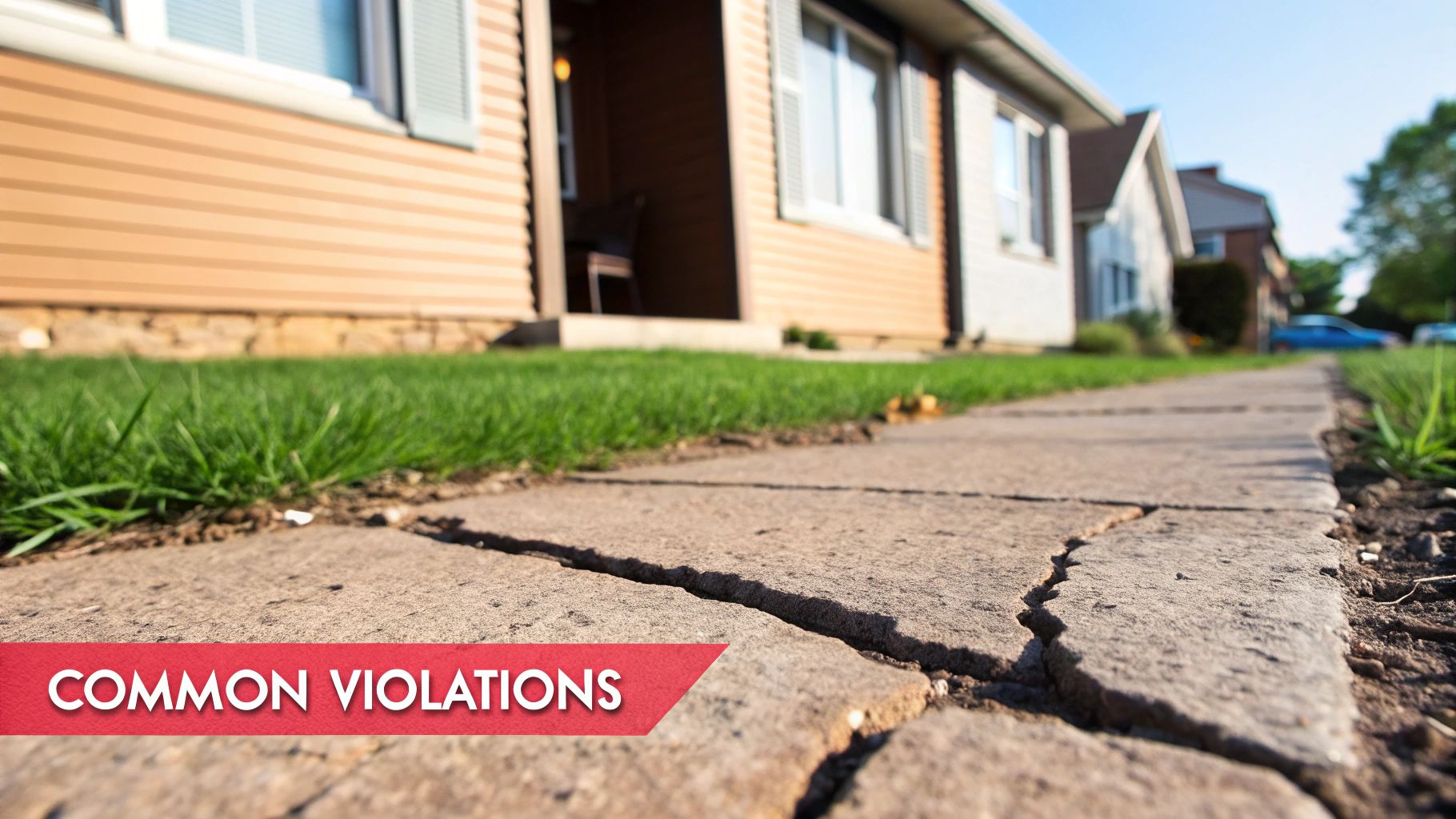 A close-up of a cracked and uneven sidewalk, a common POS violation in Garfield Heights.