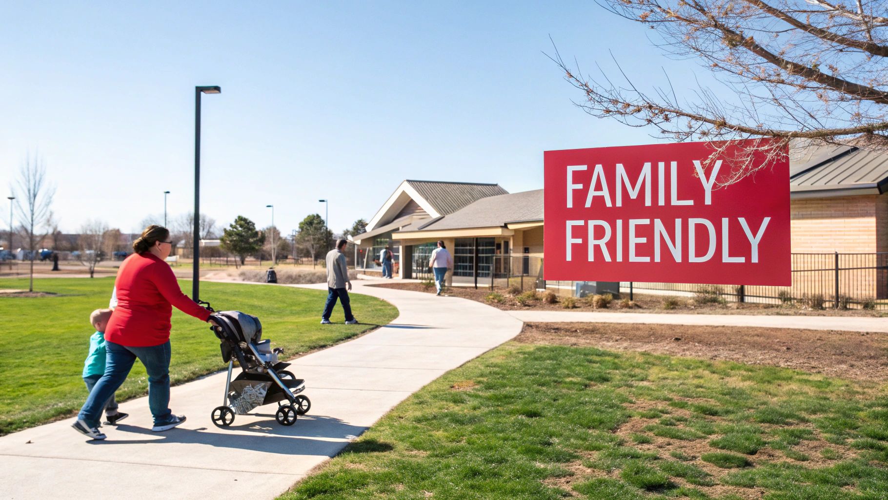 A prominent "FAMILY FRIENDLY" sign hangs near a building where a woman pushes a stroller with a child on a path in a sunny park.