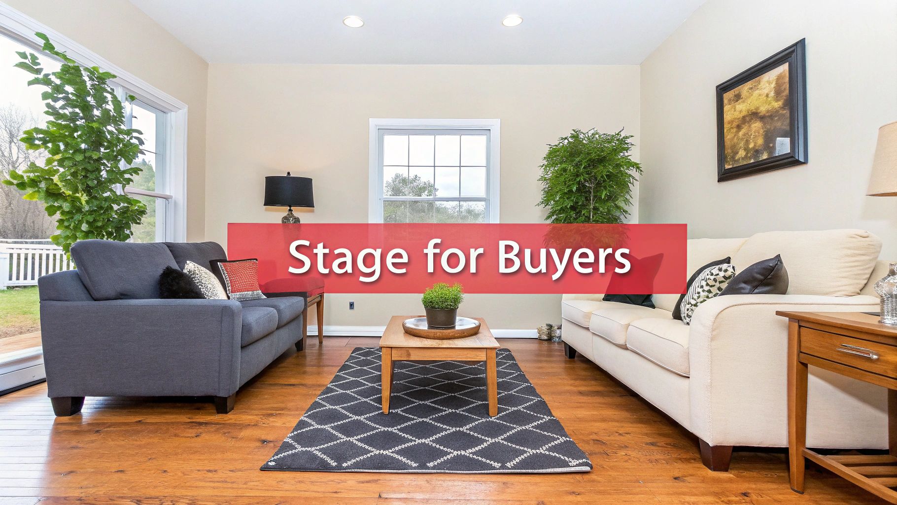 A beautifully staged living room with neutral colors, modern furniture, and ample natural light, demonstrating effective home staging