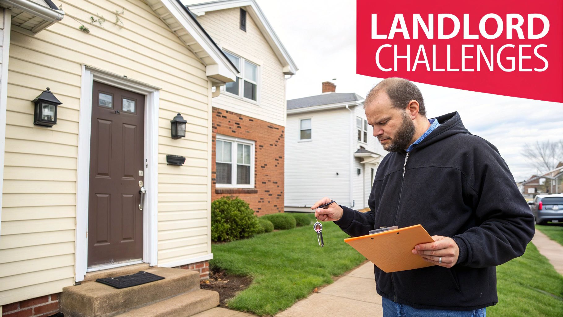 A man holding keys and a clipboard inspects a residential property, facing landlord challenges.