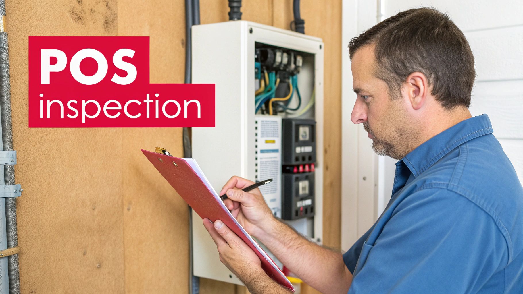 Technician inspecting an electrical panel and writing on a clipboard during a POS inspection.