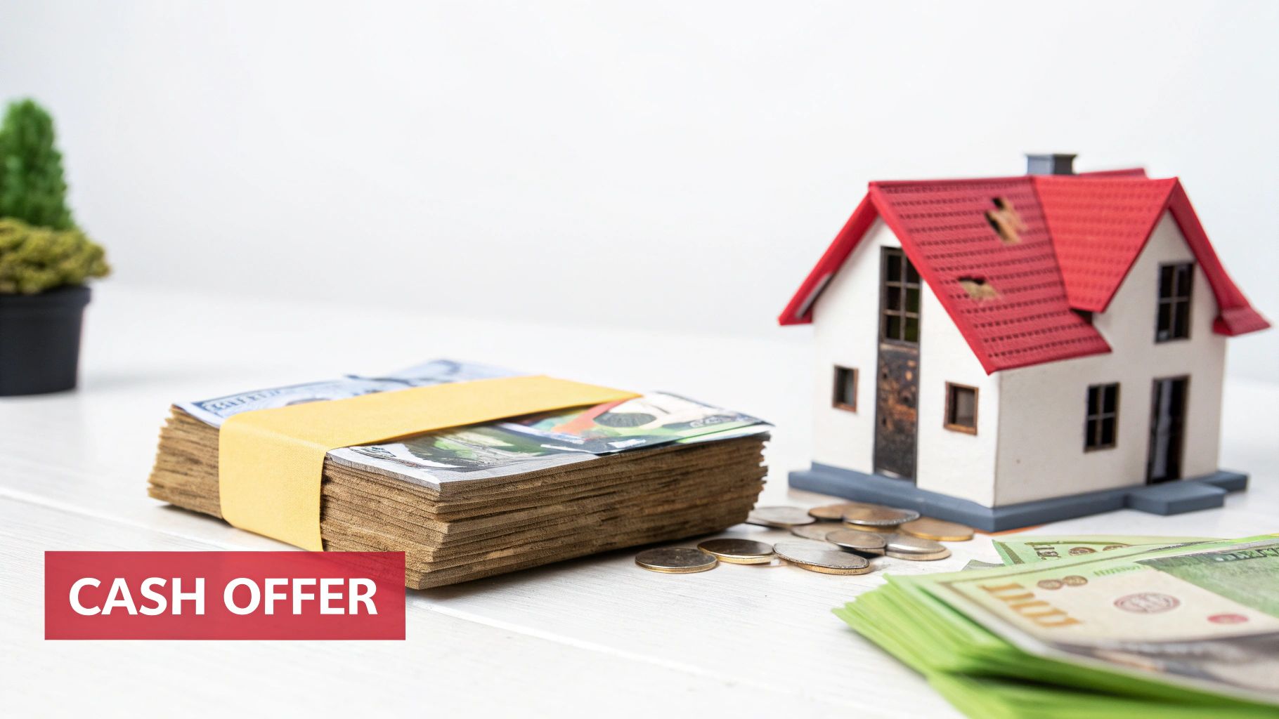 A handshake in front of a house, symbolizing a done deal.