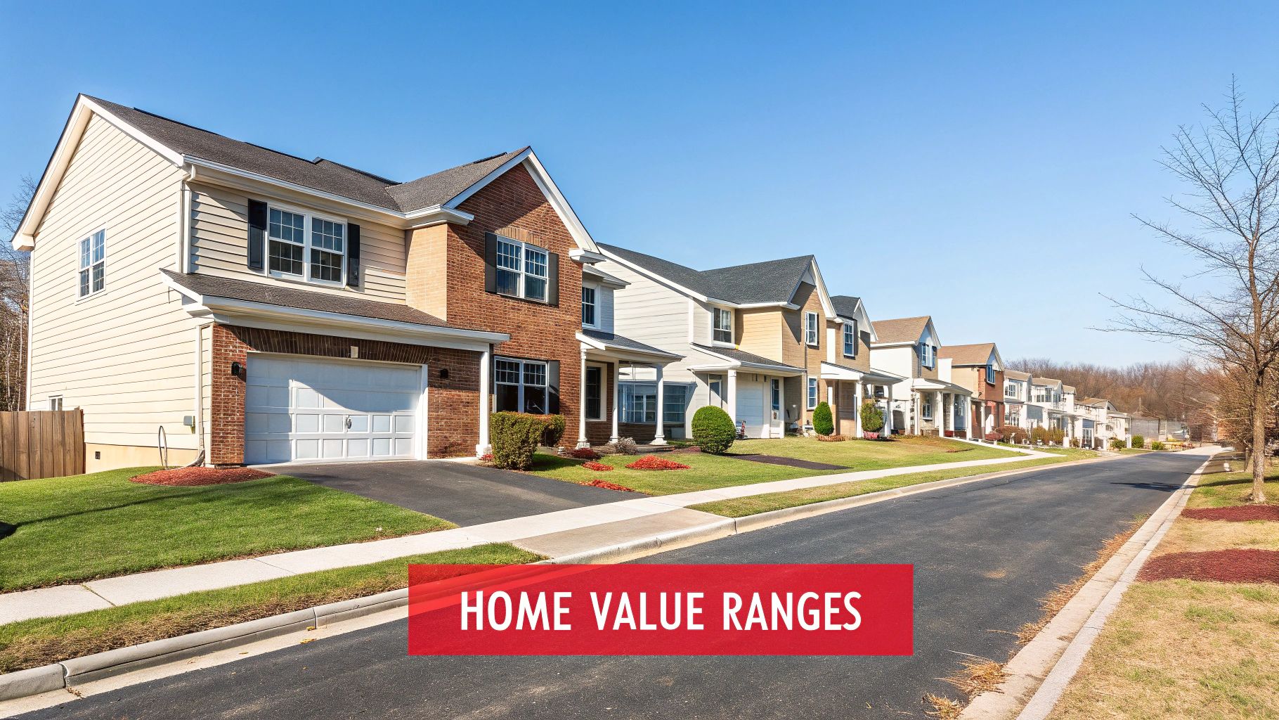 A clear blue sky over a row of diverse suburban houses with green lawns and garages, featuring a "HOME VALUE RANGES" banner.