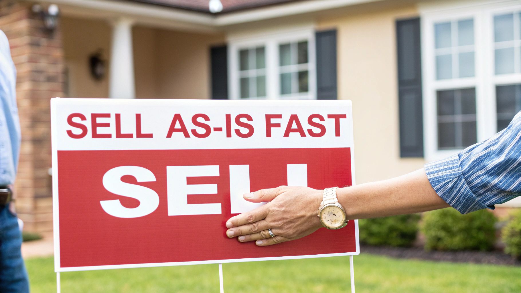 A person handing keys to another person in front of a house, symbolizing a quick, as-is home sale.