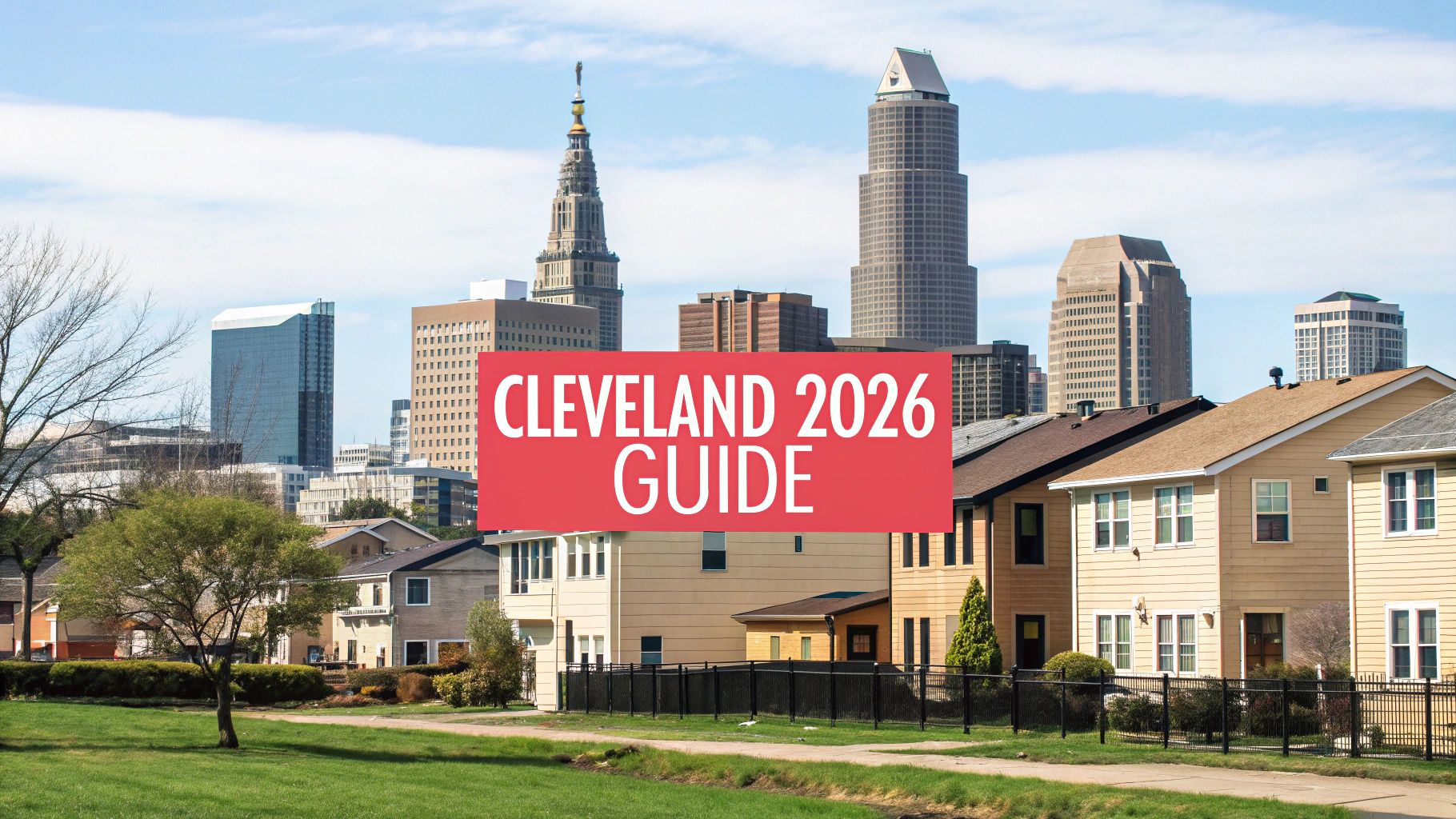 Cleveland, Ohio skyline featuring downtown skyscrapers behind residential houses, with a 'CLEVELA ND 2026 GUIDE' banner.
