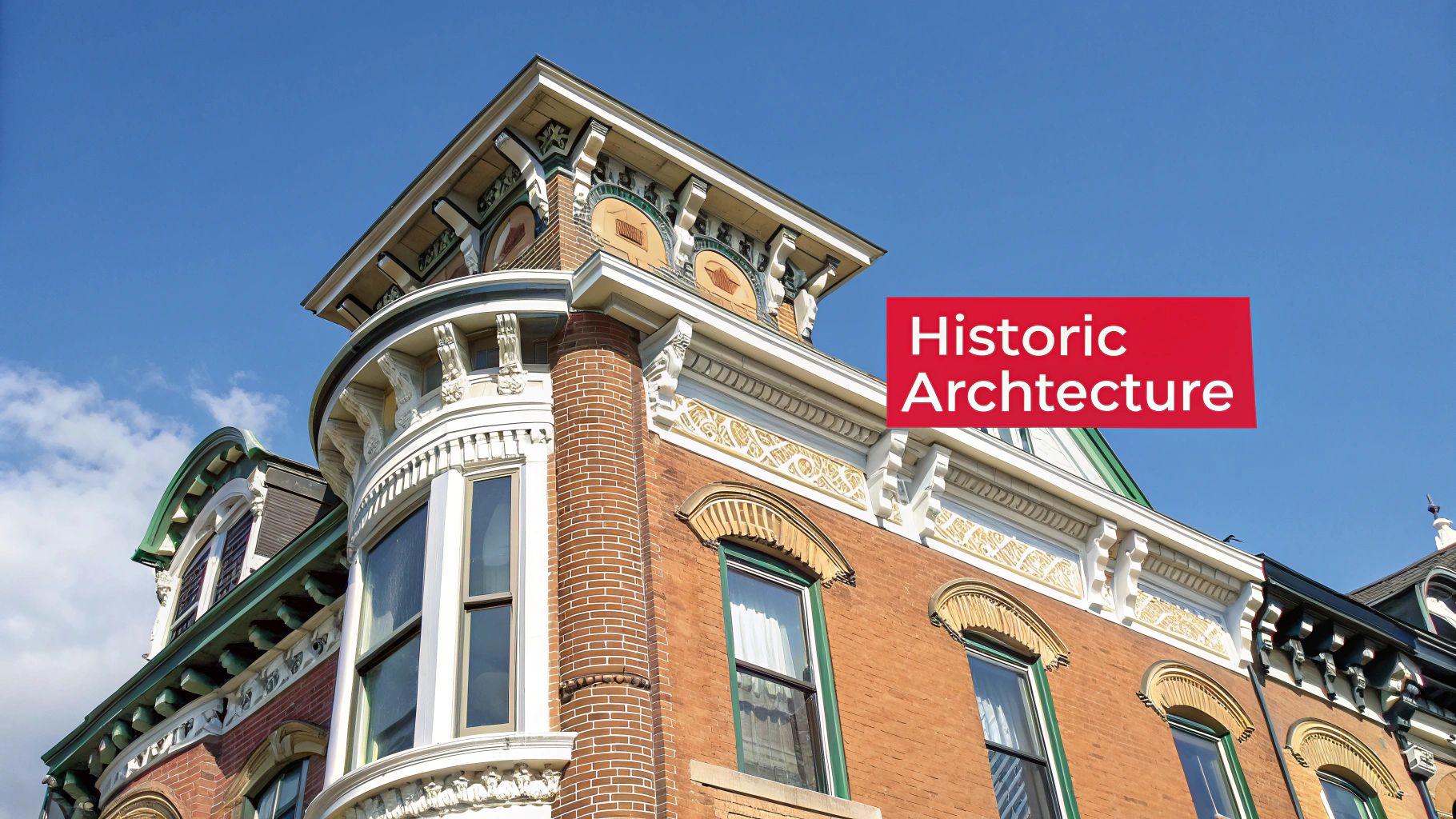 A detailed view of an ornate historic brick building with bay windows and decorative trim under a blue sky.