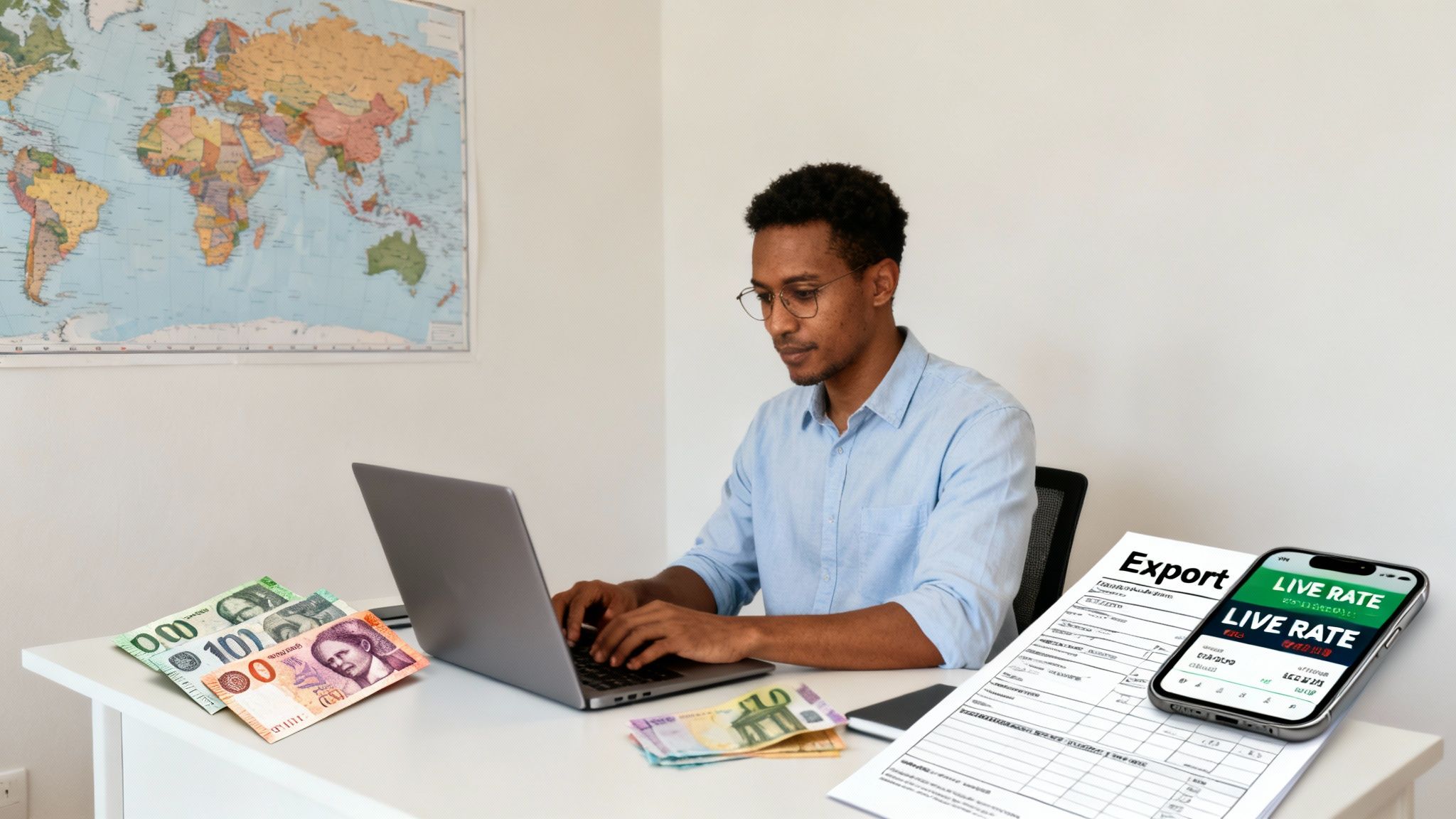 A man with glasses working on a laptop, surrounded by world currency, an export form, and a smartphone displaying live rates.