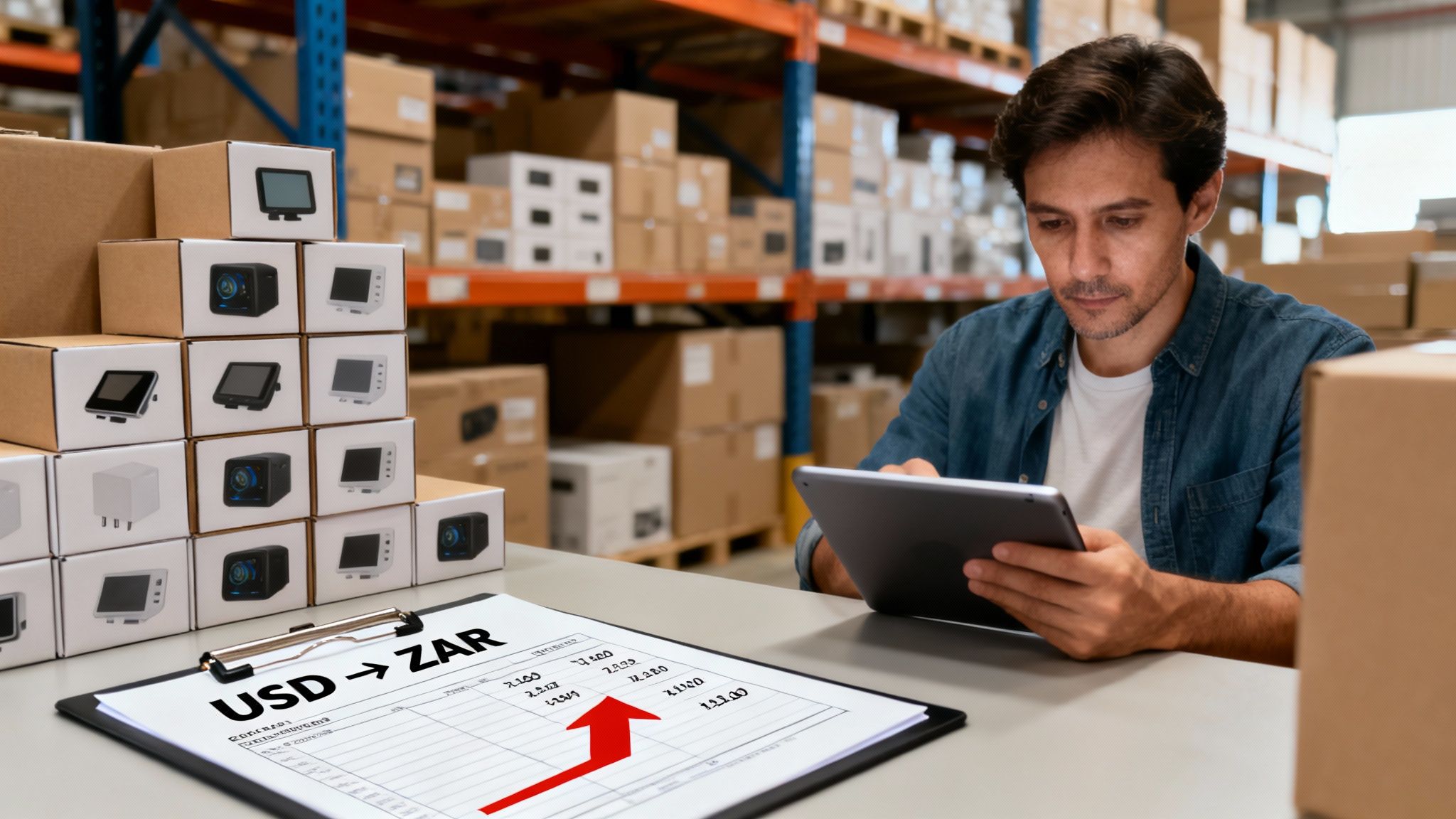 Man in a warehouse reviews currency exchange data (USD to ZAR) on a tablet.