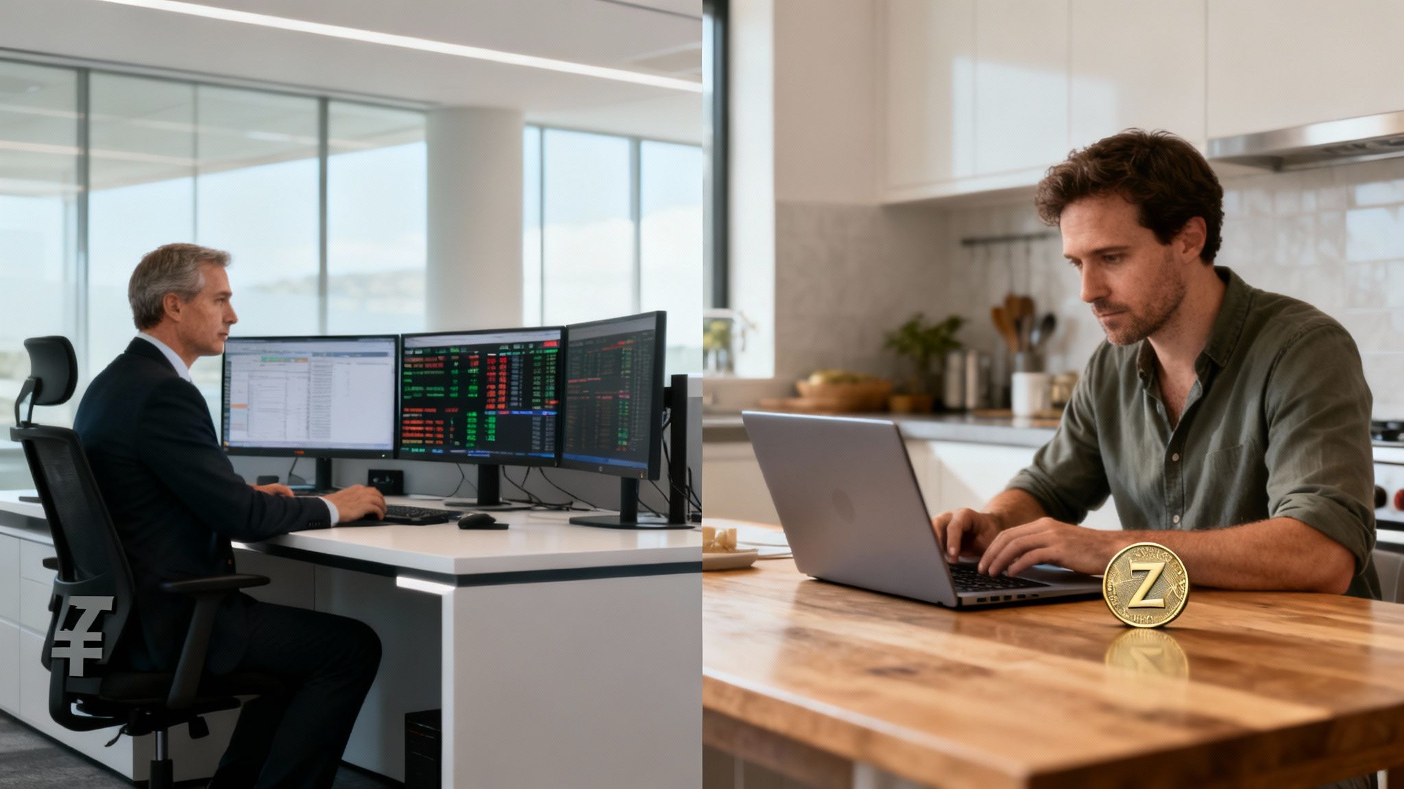 A foreign exchange trader analyzing market data on multiple computer screens