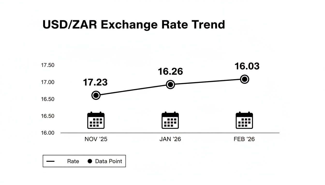 Line graph showing the USD/ZAR exchange rate trend from November '25 to February '26, indicating a decrease.