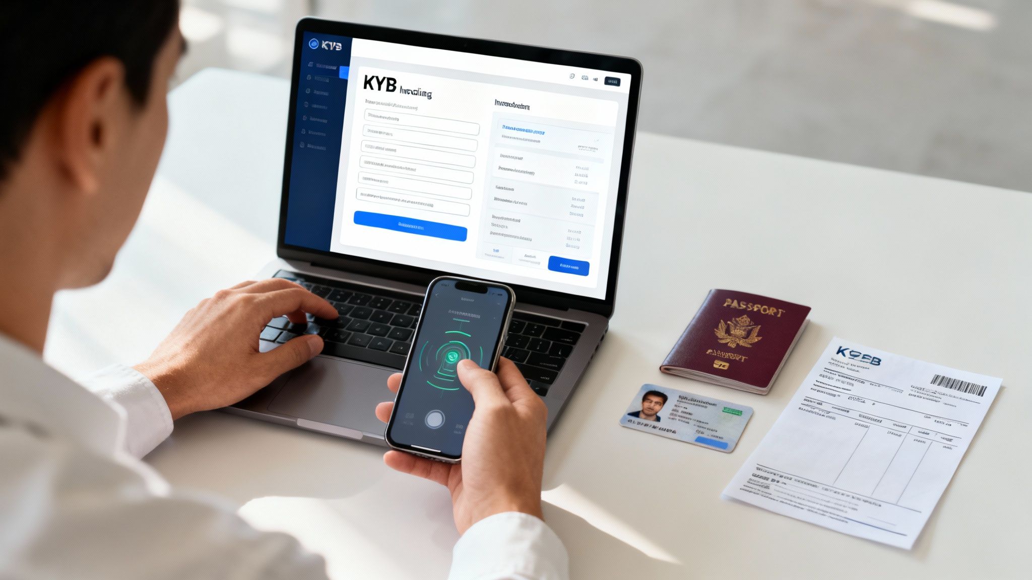 Person verifying identity online using a laptop, smartphone, passport, and ID card on a white desk.