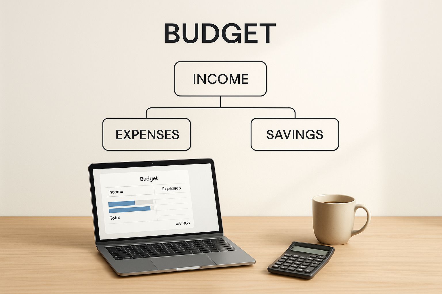 An infographic showing a person working on a laptop with a pie chart and financial graphs, symbolising organised financial planning for a small business.