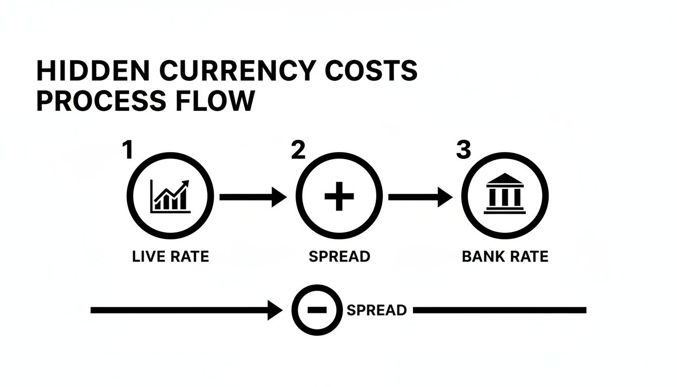 Diagram illustrating hidden currency costs process, showing live rate plus spread equals bank rate, and the spread impact.