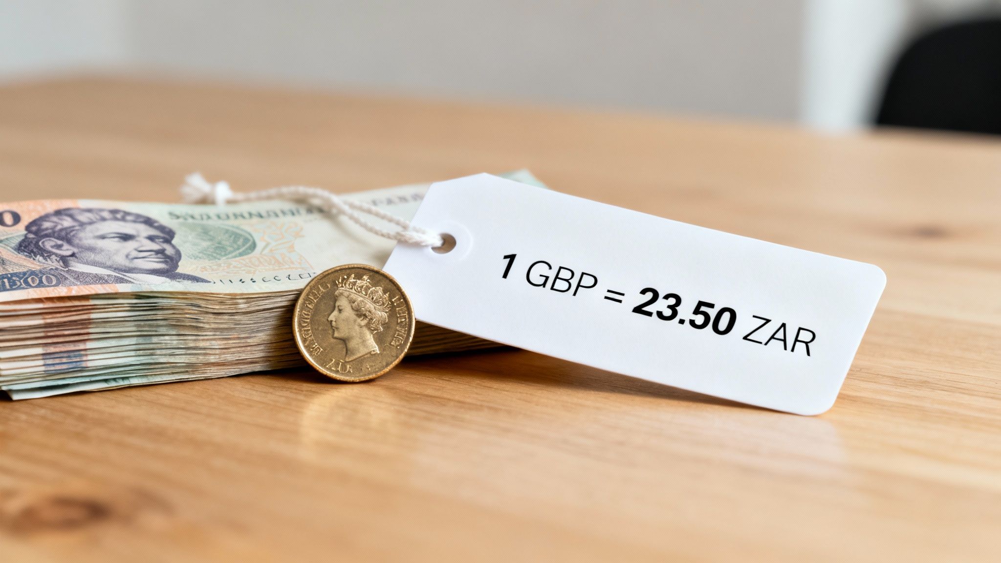 A collage of British Pounds and South African Rands, representing the GBP/ZAR currency pair.