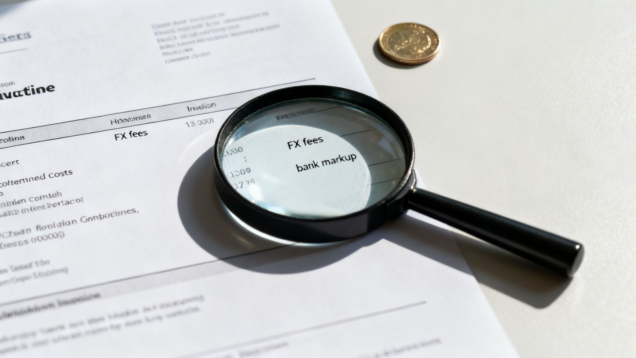 A magnifying glass highlights 'FX fees' and 'bank markup' on a financial document, with a coin nearby.