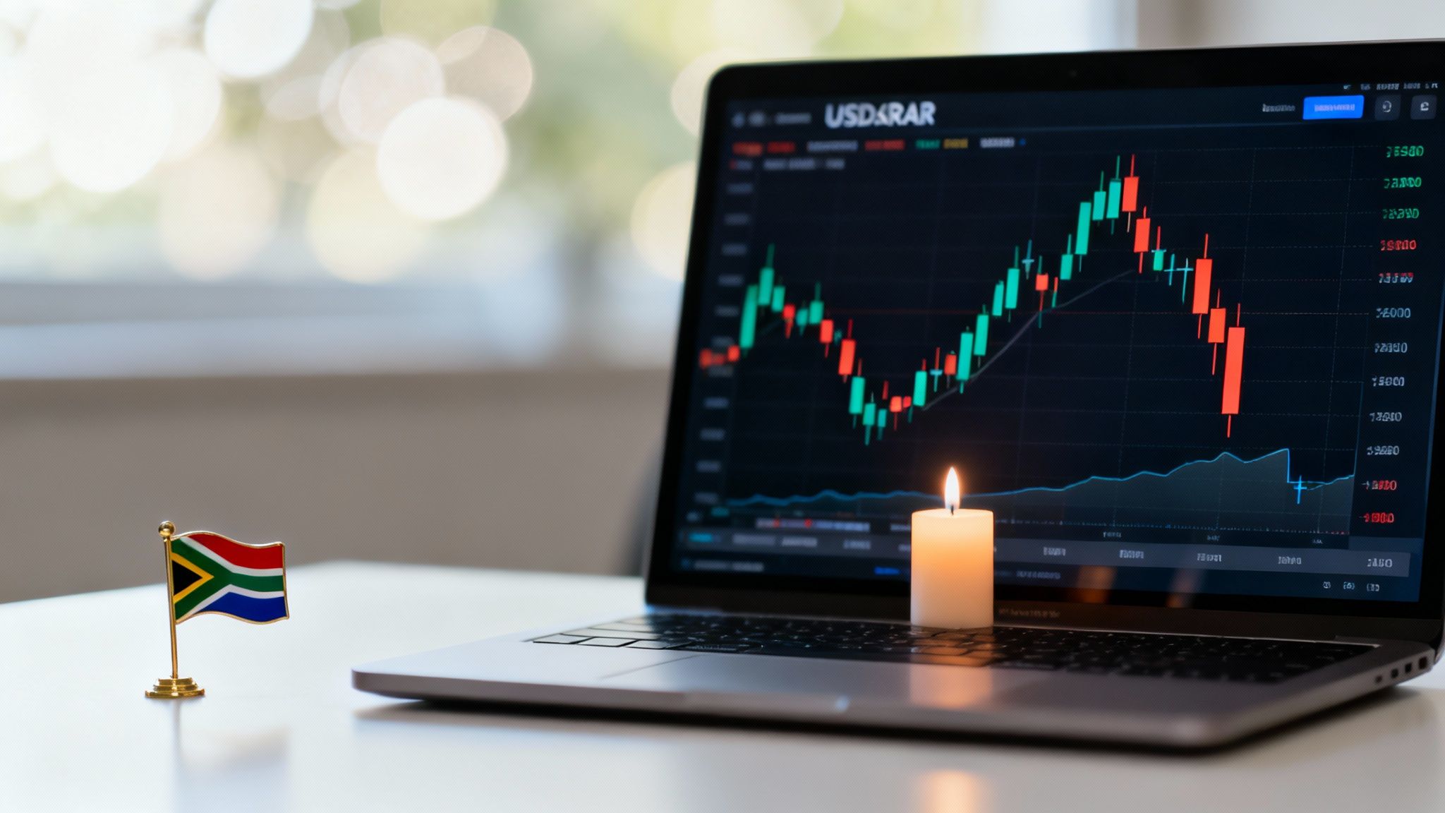A laptop displays a USD/ZAR forex candlestick chart next to a South African flag and a lit candle.