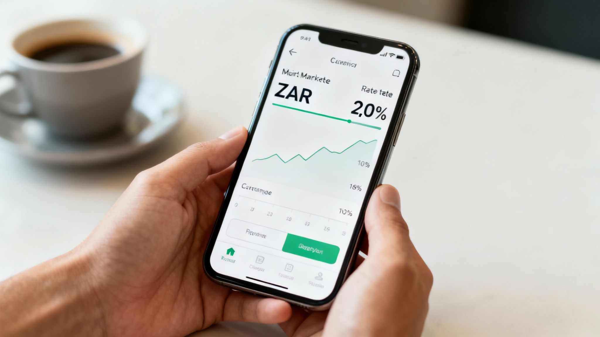 A person comparing different currency exchange rates on a digital screen, with South African Rand symbols visible.