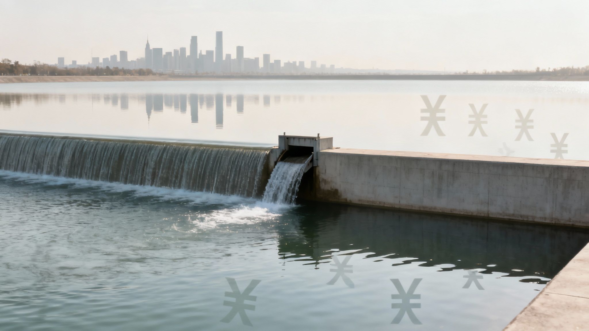 Water flowing over a dam with a city skyline in the background, overlaid with currency symbols.